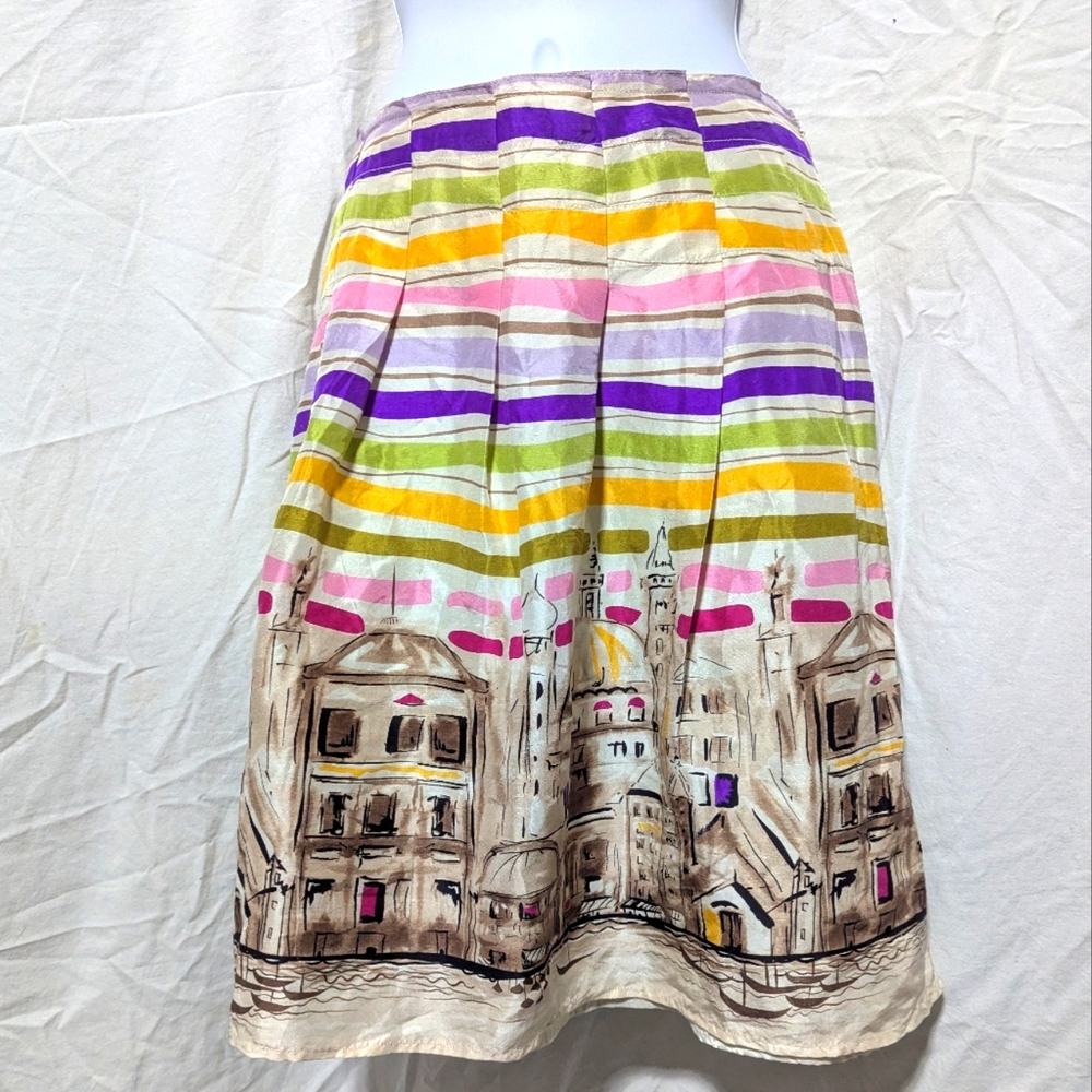 *** Allison Taylor 100 % Silk Cityscape A-line Striped Skirt
